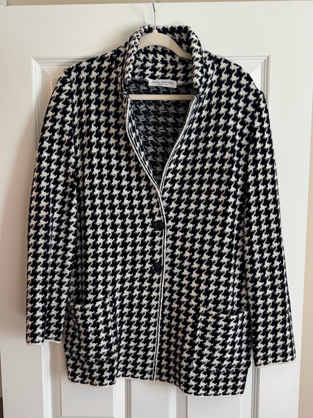 Amina Rubinacci Black & White Houndstooth Knit Blazer Italian